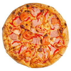 Large Italian pizza, with ham, cheese and tomatoes, flat lay, on a white background, isolate