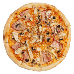 Italian pizza on a thick crust, with prosciutto and mushrooms, flat lay, on a white background, isolate