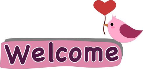 Welcome word greeting pink bird banner card invite heart love letter