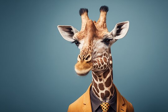 Studio photo portrait of a giraffe in business clothes, concept of Professional and Formal, created with Generative AI technology