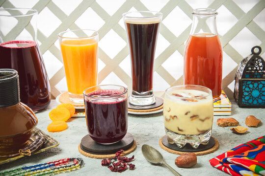 Arabic Cuisine; A variety of oriental Arabic drinks that are served in the month of Ramadan. They are delicious juices made from apricots, carob, licorice, doum palm and dates with milk.