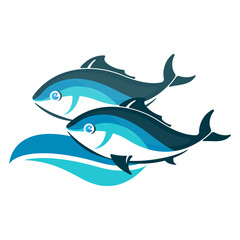 Two fish and water waves, sea food and fishing sign