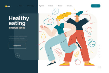 Lifestyle web template - Healthy eating - modern flat vector illustration of a woman and a man practicing healthy balanced diet. People activities concept