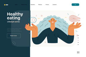 Lifestyle web template - Healthy eating - modern flat vector illustration of a woman practicing healthy balanced diet holding salmon and avocado. People activities concept