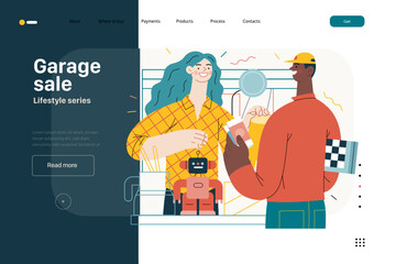 Naklejka na ściany i meble Lifestyle web template -Garage sale -modern flat vector illustration of a woman selling house stuff, table filled with house utilities and toys, and man buying a chess board. People activities concept