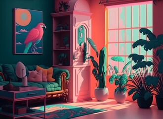 Pink home interior, soft pastels carpet, acrylic shapes and gradient walls.