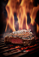 Rindersteak auf Grill mit Glut, Flammen und Rauch. Hochkant. Generative Ai.
