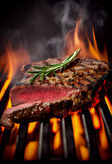 Rindersteak auf Grill mit Glut, Flammen und Rauch. Hochkant. Generative Ai.
