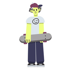 illustration character boy with skatebord, color and fun personage skater guy, concept 