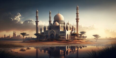 Mosque landscape with clear and sunset orange sky, perfect for Ramadhan card background 