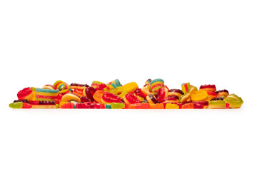 Assorted colorful gummy candies. Top view. Jelly donuts. Jelly bears. Isolated on a white background.