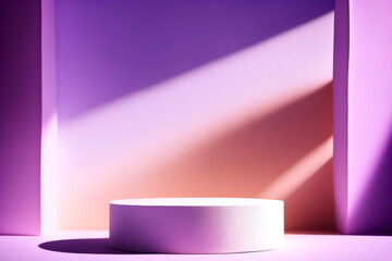 Window Natural Shadow Overlay Effect on Purple Surface Spring Pastel Theme Lilac Backdrop with Pink Round Podium Display Mockup Cosmetic Product Presentation with Shadows and Light from Windows