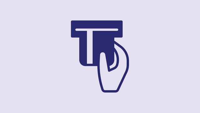 Blue Credit card inserted in card reader icon isolated on purple background. ATM cash machine. 4K Video motion graphic animation