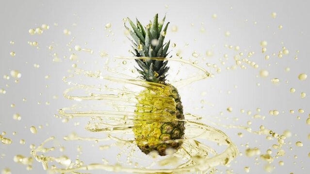 Fresh Pineapple rotating on light background with splashing yellow liquid flying from fruit. Nice water coming around nice fruit in slow motion. 3D render liquid simulation. Juice splash.