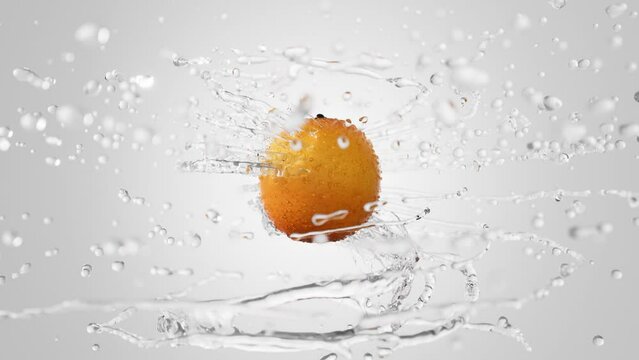 Fresh Orange rotating on light background with splashing transparent liquid flying from fruit. Nice water coming around nice fruit in slow motion. 3D render liquid simulation. 