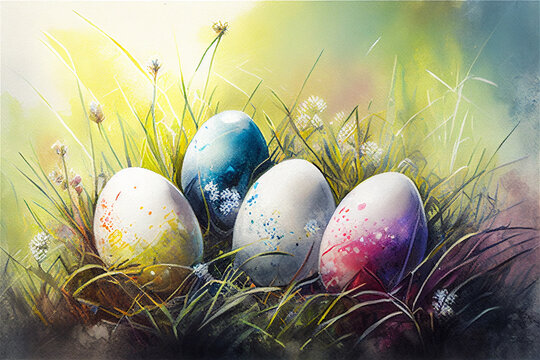 Colorful Easter Eggs In Grass, Watercolour Painting,   Generative Ai