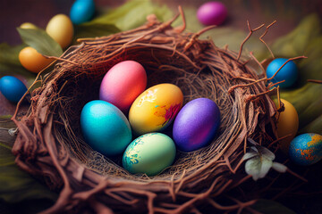 Obraz premium Natural easter nest with colorful eggs, Generative Ai