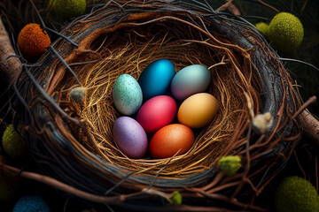 Fototapeta na wymiar Natural easter nest with colorful eggs, Generative Ai