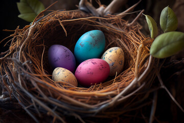 Fototapeta na wymiar Natural easter nest with colorful eggs, Generative Ai