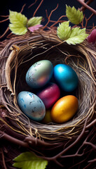 Natural easter nest with colorful eggs, Generative Ai