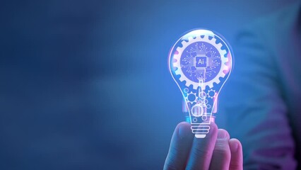Businessman showing AI artificial intelligence icon in glowing light bulb. Machine learning concept, big data, innovation technology, cloud computing, futuristic, internet network communication.