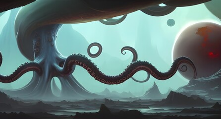 outer planet space fantasy landscape alien environment with giant octopus tentacles digital art