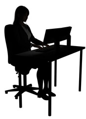 正しい姿勢で座ってパソコンを触っている女性のシルエット