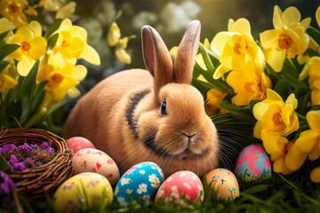 Easter bunny with eggs and flowers , Generative Ai