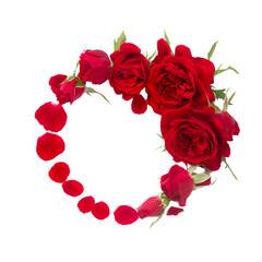 Red roses wreath isolated on white background. Valentine's day, love, wedding background. Red roses floral template