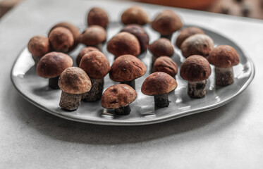Mushrooms neatly placed on a ceramic plate on the windowsill.