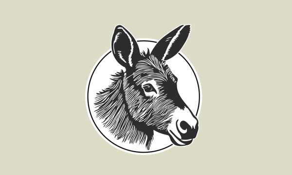 Vector black and white cute sticker of an eared donkey head in a circle. Logo, icon or emblem.