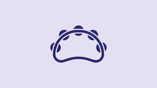 Blue Musical instrument percussion tambourine, with metal plates icon isolated on purple background. 4K Video motion graphic animation