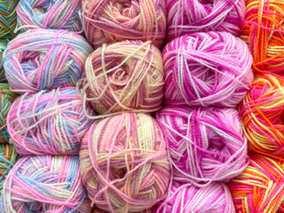 Colored yarn balls. The colors of the rainbow. All colors. Yarn for knitting.