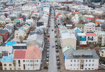 Elevated view of Skólavörðustígur street from Hallgrímskirkja