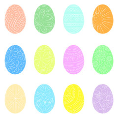 Happy Easter. Easter eggs of different color isolated from the background, flat image, stylized eggs with a pattern