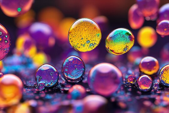 Colorful hydrophobic molecules in super macro photography. Generative AI