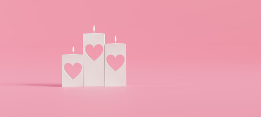 Three white candles heart on pink background.3d rendering.