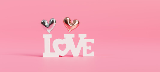 White text LOVE with silver and pink heart shaped balloons on a pink background.3d rendering.