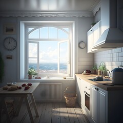 Fototapeta na wymiar a kitchen by the sea and household appliances