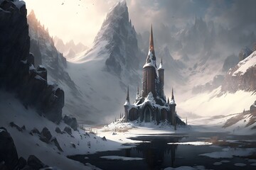 a castle in the snow among the mountains - obrazy, fototapety, plakaty