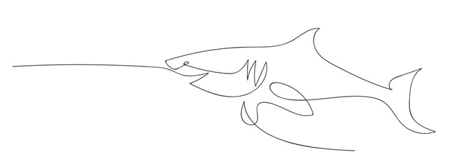 Naklejka na ściany i meble Shark fish in continuous line art drawing style. Minimalist black linear sketch on white background. Vector illustration