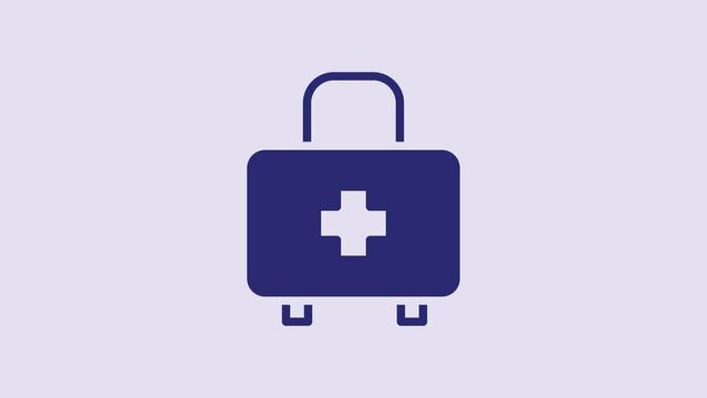 Blue First aid kit icon isolated on purple background. Medical box with cross. Medical equipment for emergency. Healthcare concept. 4K Video motion graphic animation