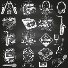 Retro music poster, banner on chalkboard. Retro microphone, saxophone , audio cassette, classical acoustic guitar with sunburst vintage typography design for t shirt, emblem, logo, badge design