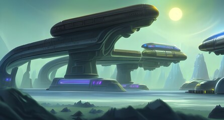 Fantasy space landscape with futuristic trains and cars illustration of alien environment digital art