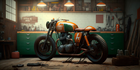 custom old school cafe racer motorcycle in a home workshop, generative ai - obrazy, fototapety, plakaty