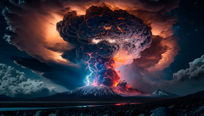 Lightning in ash cloud during a volcano eruption, generative ai