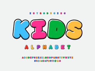 Colorful kids style alphabet design with uppercase, number and symbols