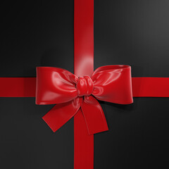 Christmas red satin bow, xmas gifts element. Decorative gift box with a bow and ribbons.