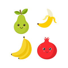 Cute Fruit, Happy cute set of smiling fruit faces. Vector set for template design elements