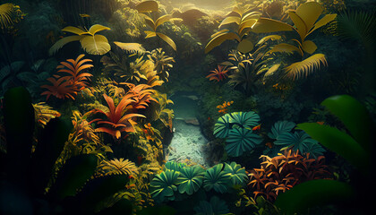 Fototapeta na wymiar A beautiful enchanted fairytale top view paper cut of tropical rainforest, sunny, digital painting background illustration. Generative AI